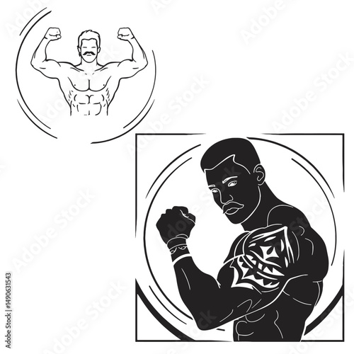 Silhouette of wrestlers, athletes with mustaches in tattoos. Vector monochrome logos for gym, fight clubs, boxing sections and tattoo parlors