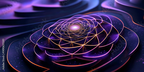 Close-up of layered spiral geometry in deep purple tones with glowing orange edges. Symbol of fractals and infinity.