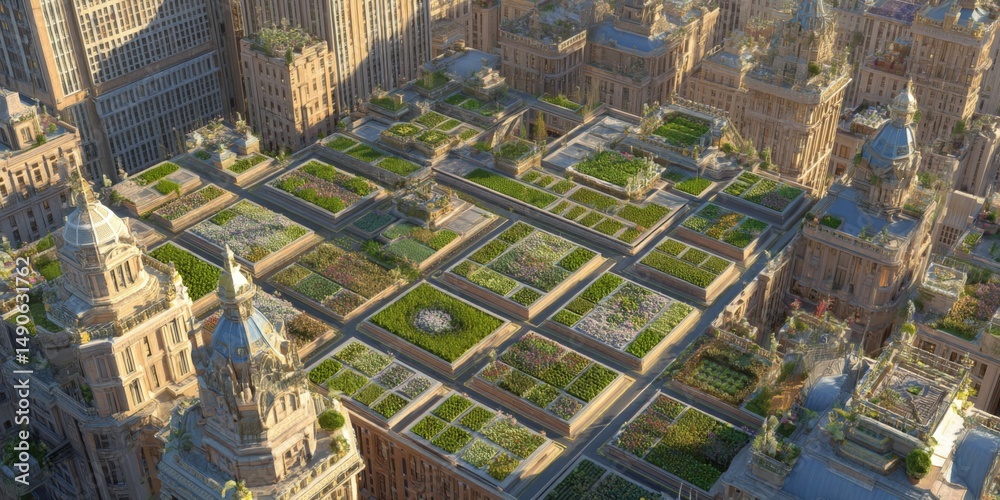 Fototapeta premium Aerial View of Urban Rooftop Gardens Surrounded by Tall Buildings in a Modern Cityscape