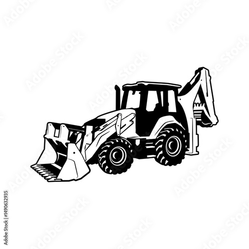 black and white backhoe vector illustration