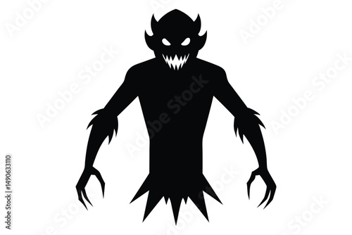 Shadow Figure: A menacing silhouette of a demonic entity with sharp claws and an evil grin, isolated against a solid backdrop, creating a chilling illustration suitable for horror or fantasy themes.