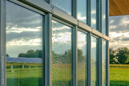 Architectural Digest-style shot of passive house with triple-glazed windows reflecting solar farm and self-cleaning nanocoatings showing water bead effect