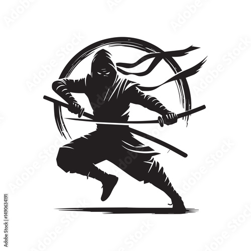 ninja silhouette, editable vector image