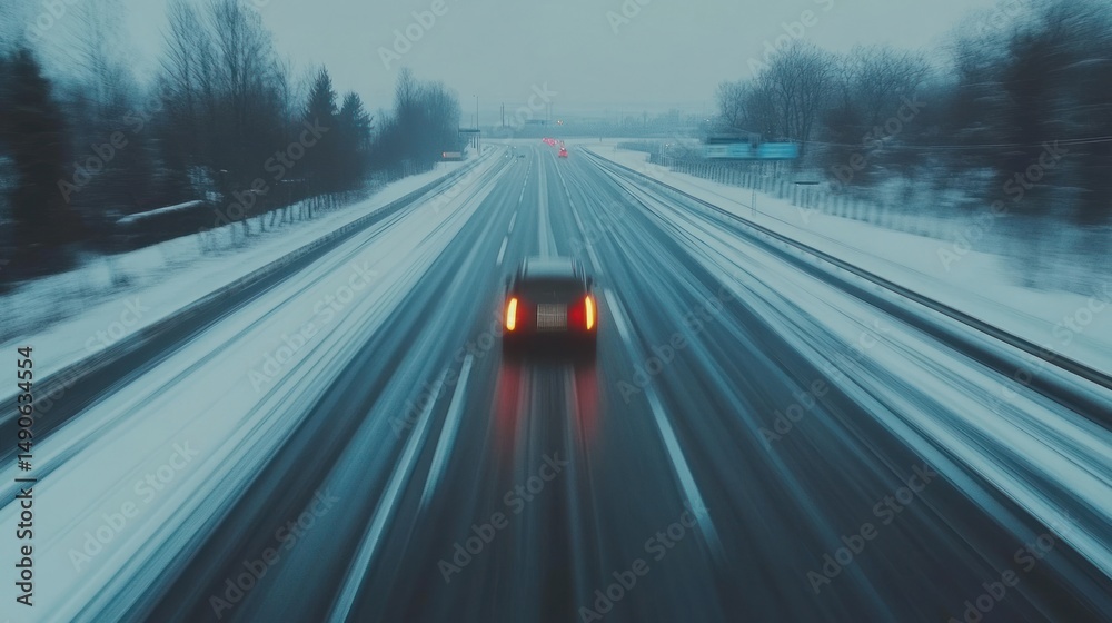 Fototapeta premium Snowy highway, car moving