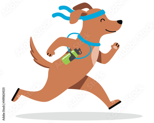 Energetic Brown Dog Running with Water Bottle and Headband for Active Lifestyle Promotion