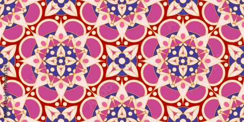 Seamless pattern with traditional Indian floral ornament for fabric swatch or wrapping paper. Vector abstract kaleidoscopic background