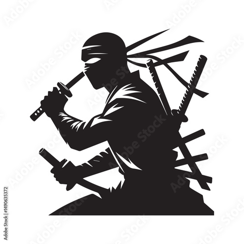 ninja silhouette, editable vector image