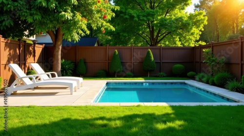Serene Backyard Oasis Featuring a Sparkling Inground Pool and Luxurious Lounge Chairs
