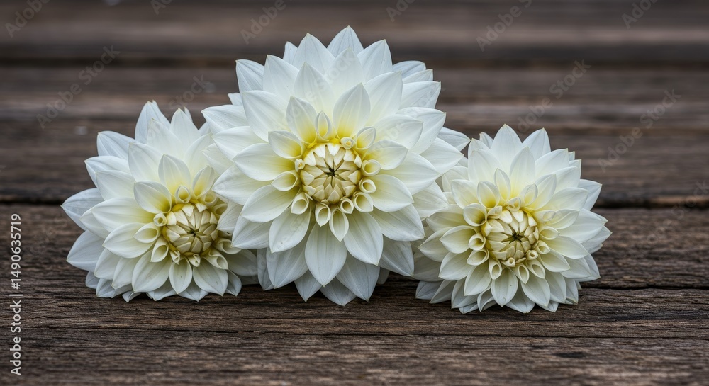 Obraz premium Elegant White Dahlias on Rustic Wood - Three pristine white dahlias, symbols of elegance, purity, innocence, new beginnings, and lasting love, rest on a rustic wooden surface