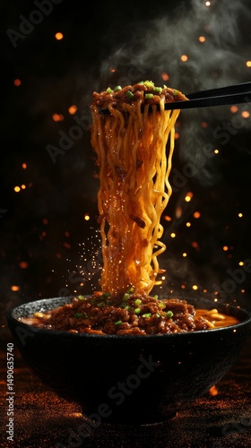 spicy dan dan noodles with minced pork and scallions being lifted from a black bowl
