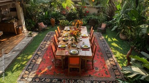 Elegant outdoor dining setup with vibrant flowers and lush greenery in a serene garden