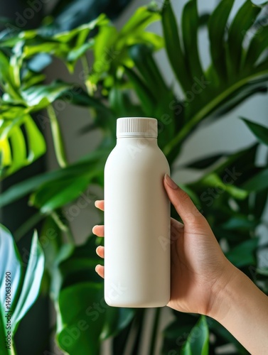 Person holding a minimalist white bottle amidst lush green plants in a bright indoor setting