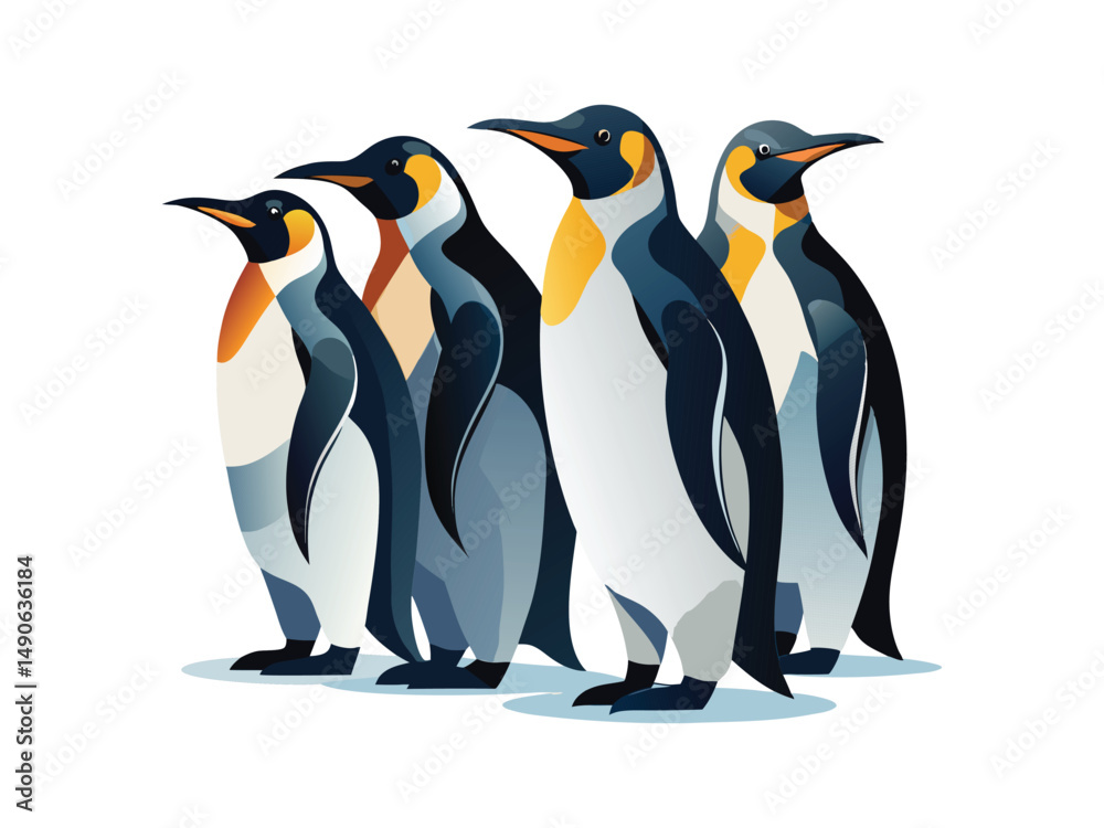Fototapeta premium Four king penguins standing together in a row against white background 