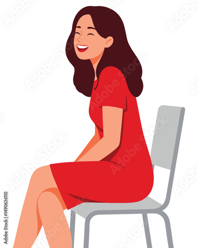 Joyful Woman in Red Dress Sitting on Chair with Laughter and Happiness in Bright Setting