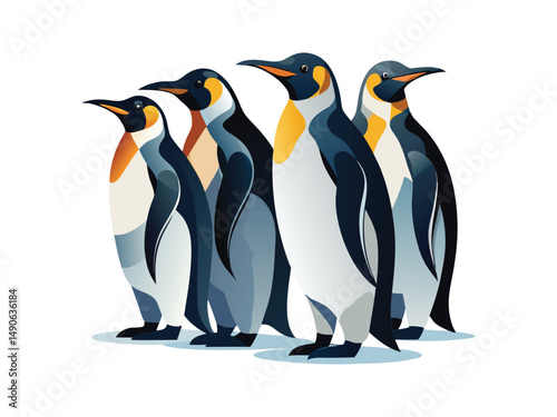 
Four king penguins standing together in a row against white background
