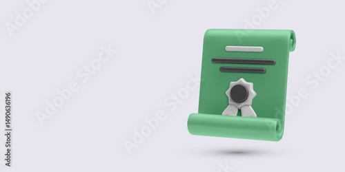 Certified Document Scroll with Official Seal in 3D Minimal Style, Green and Gray Color Palette, Ideal for Legal, Business or Academic Use. Vector Illustration