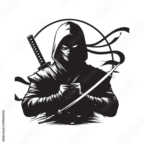 ninja silhouette, editable vector image