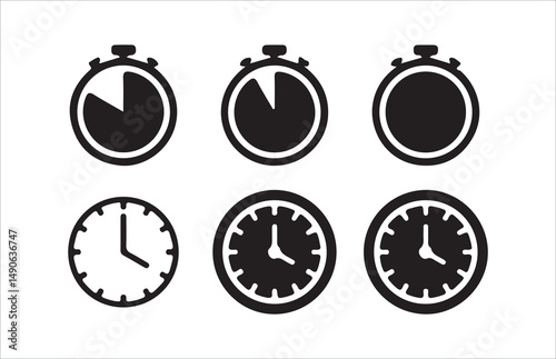 Clock icon set. timer, alarm, schedule, hourglass, clock icons, speed, restore, management, calendar, watch thin line symbols, Victor illustration Eps 10