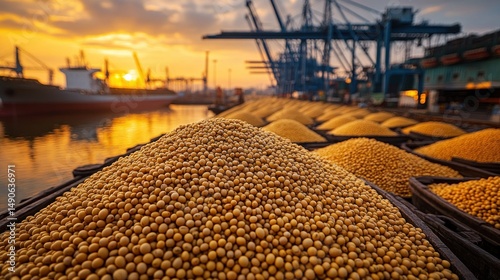Soybeans piled high at a busy port