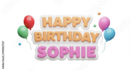 Happy Birthday Sophie. Celebrating Happy Birthday Message with Balloons on White