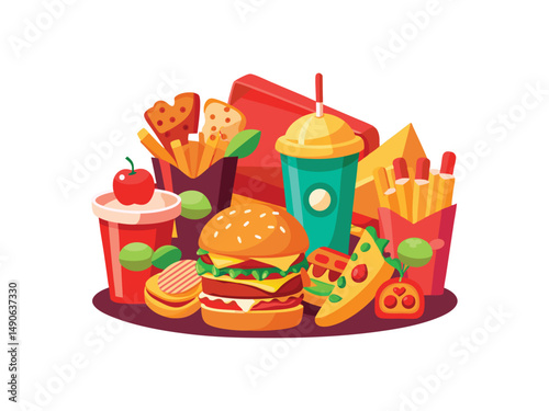 Delicious fast food combo meal with burger fries pizza soda and snacks
