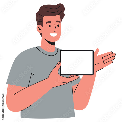 Young Man Smiling While Holding Tablet Displaying Digital Content with Positive Vibes