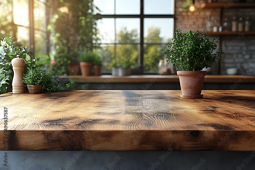 Fototapeta premium Rustic kitchen table with plants and natural light creating a cozy and welcoming environment