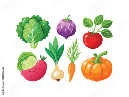 Vibrant collection of fresh farm vegetables including kale lettuce tomato pumpkin carrot garlic and eggplant
