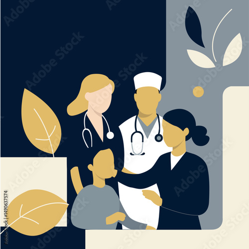 Flat vector illustration of a doctor pediatrician advising a patient in a modern medical facility. The scene of the medical consultation. It is ideal for projects related to healthcare, medicine, tele