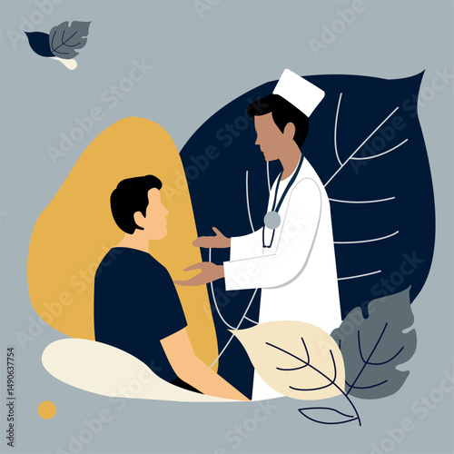 Flat vector illustration of a doctor advising a patient in a modern medical facility. The scene of the medical consultation. It is ideal for projects related to healthcare, medicine, tele