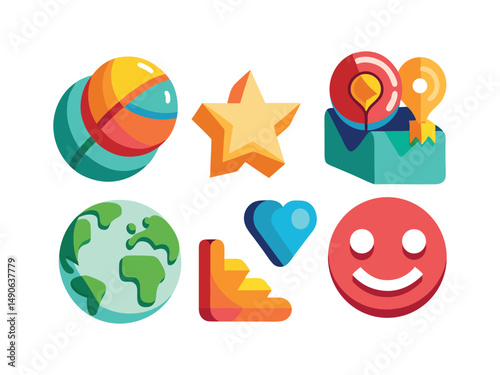 Collection of colorful isometric icons representing globe star heart smiley location ladder and ball
