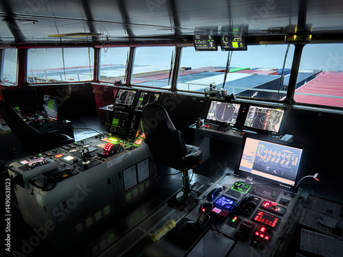 Container ship bridge at dusk