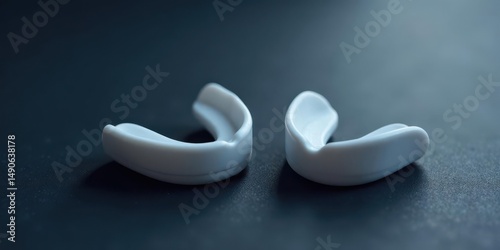 Close-up view of two pristine white mouthguards resting on a dark surface, showcasing their smooth texture and protective design.