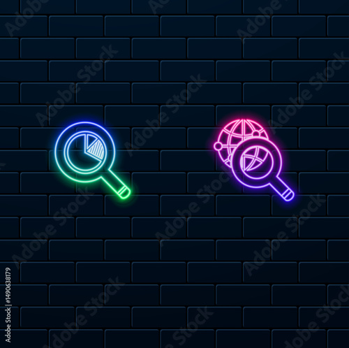 icon Illustration graphic icon symbol. graph with magnifying glass. business magnifying glass. neon style.