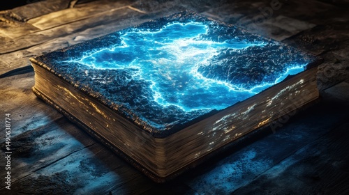 Ancient Grimoire with Glowing Runes Mystical Knowledge Book Unveiling Magic Secrets and Enigmatic Lore on Weathered Wooden Surface
