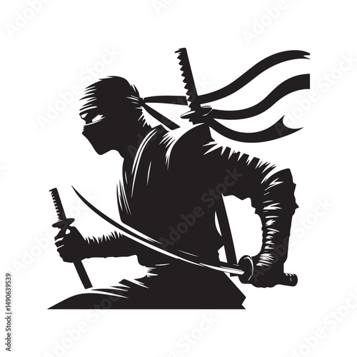 ninja silhouette, editable vector image