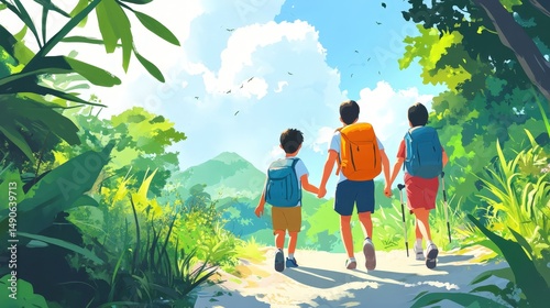 Three children hiking through a lush green landscape, enjoying nature and adventure