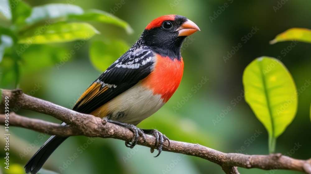 Fototapeta premium Beautiful bird Grosbeak among the branches of a tropical tree, background wallpaper AI generated image