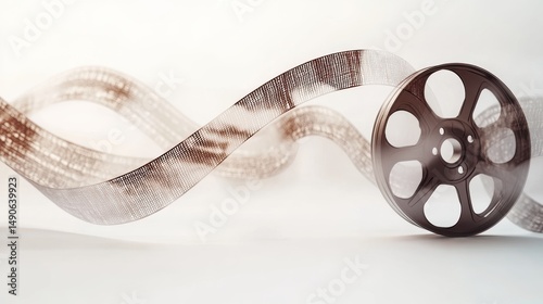 Vintage Film Reel with Flowing Filmstrip Cinematic Elegance Represents Retro Entertainment Isolated on White Background Creative Stock Image