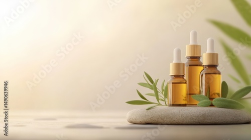 Three amber glass dropper bottles of essential oils arranged on a smooth stone with green leaves