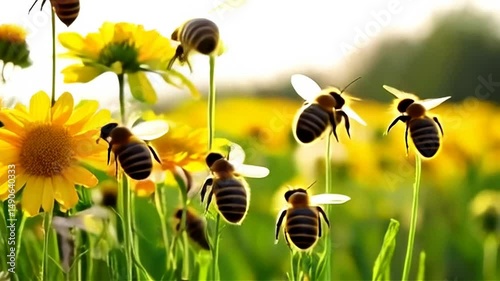 Bees Pollinating Yellow Flowers in Summer Field Slow Motion