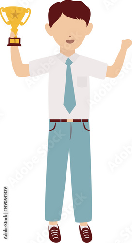 Happy Senior High School Student Holding a Gold Trophy, Achievement and Success Illustration