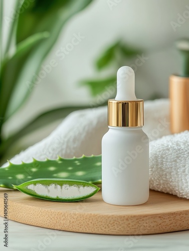 A minimalist skincare setup featuring a dropper bottle, aloe vera leaf, and soft towel on a wooden tray