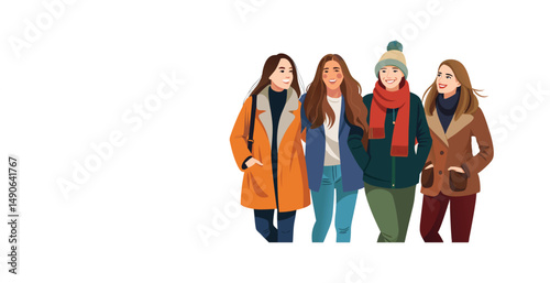 Four happy diverse young women friends walking together in winter fashion
