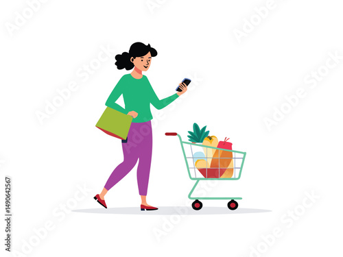 Happy woman using smartphone while walking with a shopping cart full of groceries
