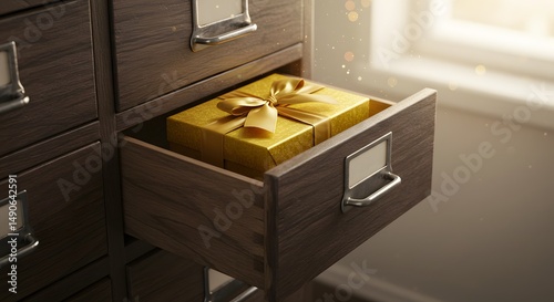 A golden gift box with ribbon in an open wooden drawer with sparkles