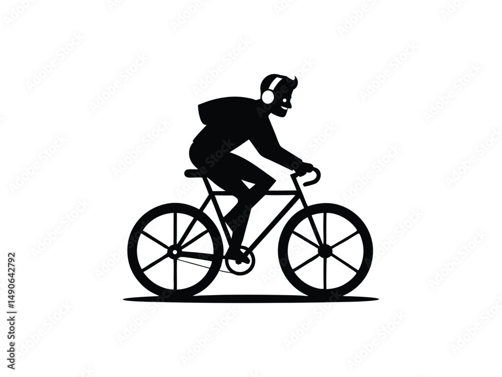 Silhouette of a man with headphones riding a bicycle outdoors
