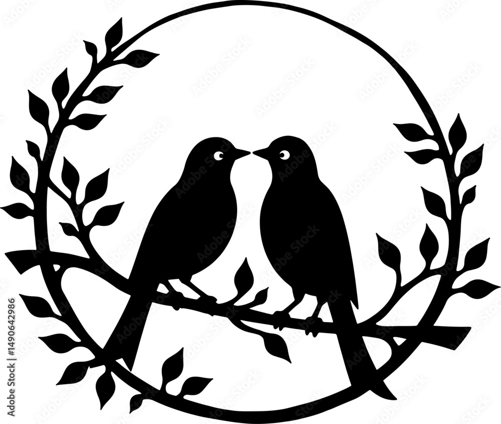 Fototapeta Design features black bird silhouette perched on a branch with leaves enclosed in a circle 