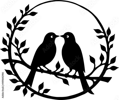 Design features black bird silhouette perched on a branch with leaves enclosed in a circle 