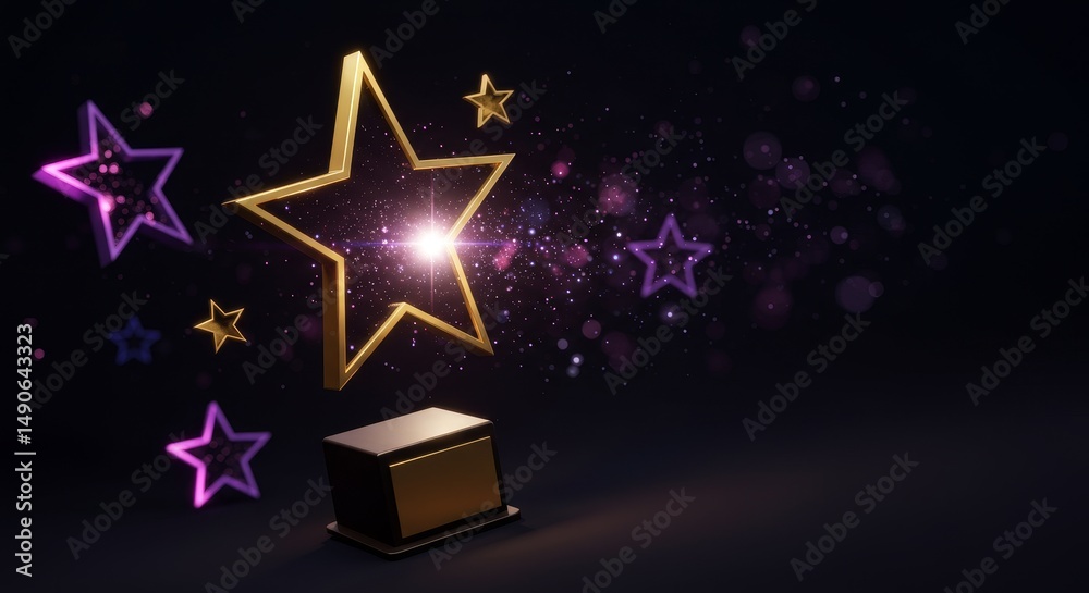 Fototapeta premium Golden Star Award Recognition - A 3D of a golden star award on a dark background, symbolizing achievement, success, excellence, recognition, and celebration